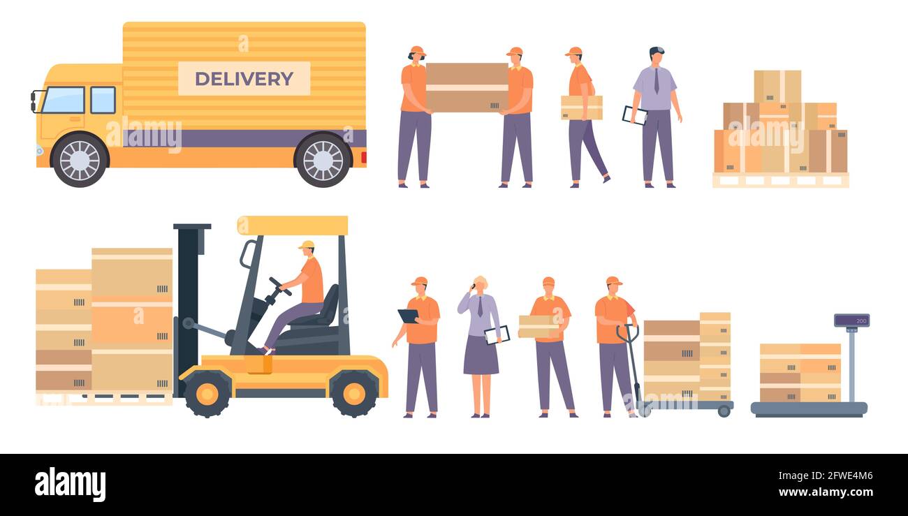 Lagerarbeiter und Ausrüstung. Flat Delivery man mit Paketen, LKW, Palette mit Boxen und Servicemitarbeiter. Vektor-Set für die Logistikbranche Stock Vektor