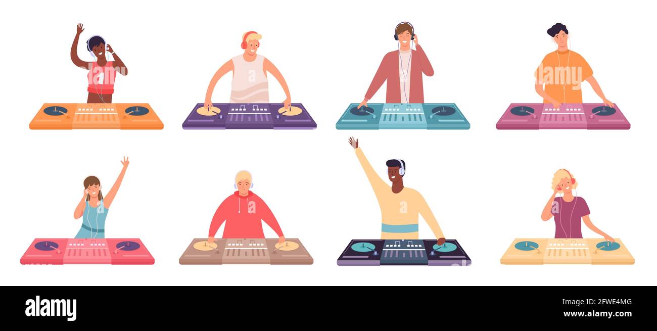 DJ-Figuren an der Konsole. Weibliche und männliche Partymusiker mit Plattenspieler-Mixer. DJ machen Tanzmusik für Diskothek oder Nachtclub Vektor-Set Stock Vektor