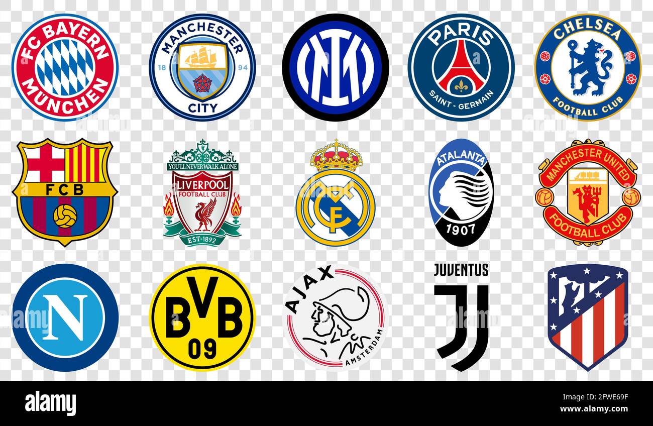 Vinnytsia, Ukraine - 19. Mai 2021 Logo der europäischen Fußballvereine auf  transparentem Hintergrund isoliert. Bayern München, Manchester City, Inter  Mailand, Paris Stock-Vektorgrafik - Alamy