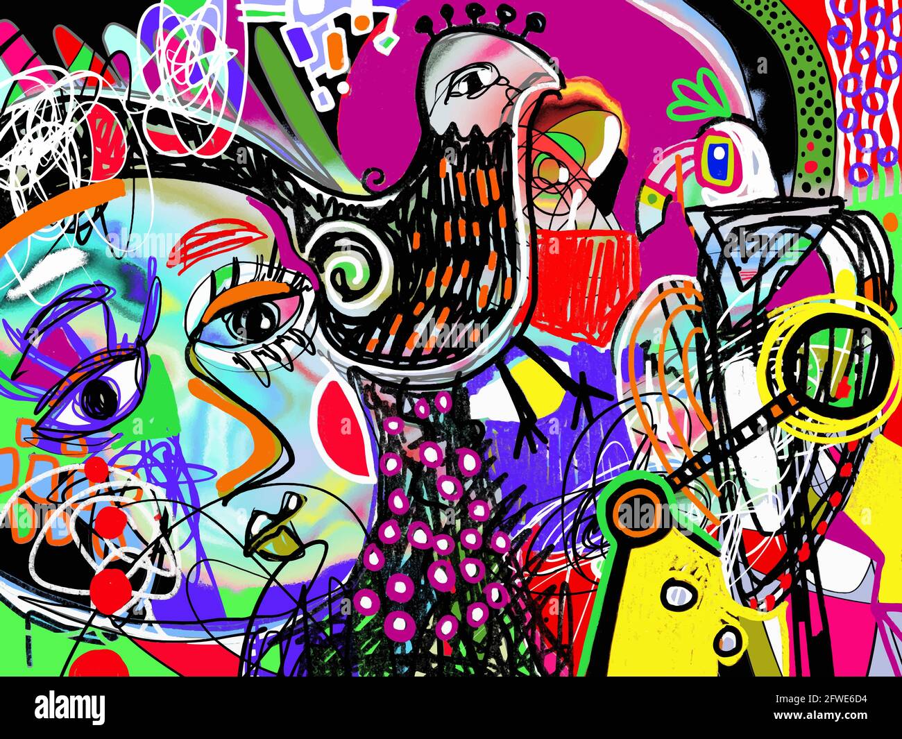 Zeitgenössische digitale moderne Kunst. Abstrakte Komposition mit menschlichem Gesicht und Vögeln Stock Vektor