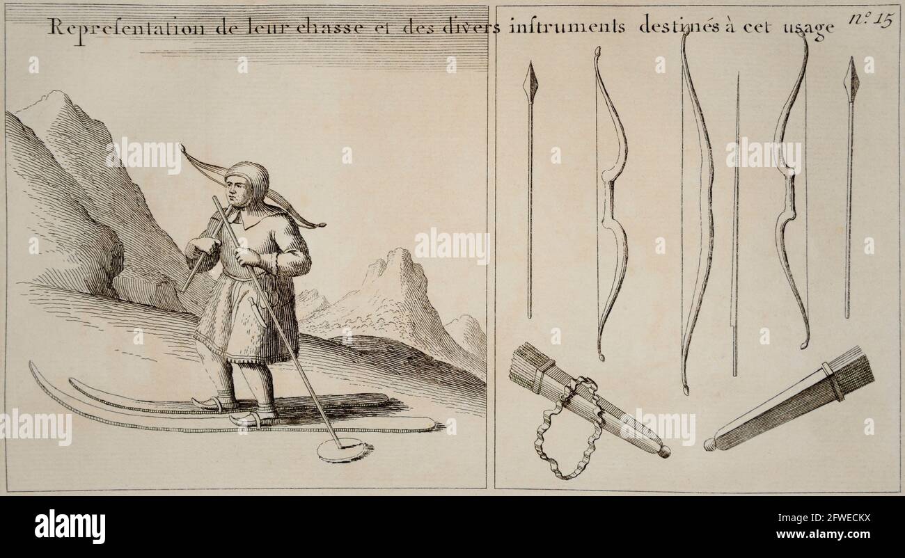 Ein frühes Bild eines einheimischen Laplander-Jägers auf Skiern mit Skistock und Bogen im Winter. Ein einheimischer Laplander Bogenjäger-Werkzeuge. Traditi Stockfoto