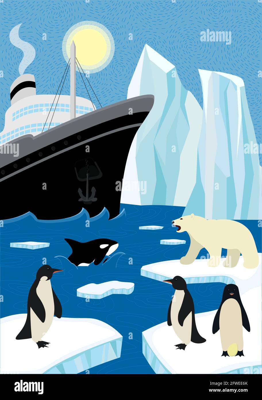 Winter handgezeichnetes Plakat Nordschifffahrt in der Tierwelt. Segeln Sie Eisbrecher und Eisberg im nördlichen Ozean. Eisbär und Pinguine sitzen auf der Eisscholle, Killerwale tauchen aus der Welle auf. Arktis und antarktis eps Stock Vektor