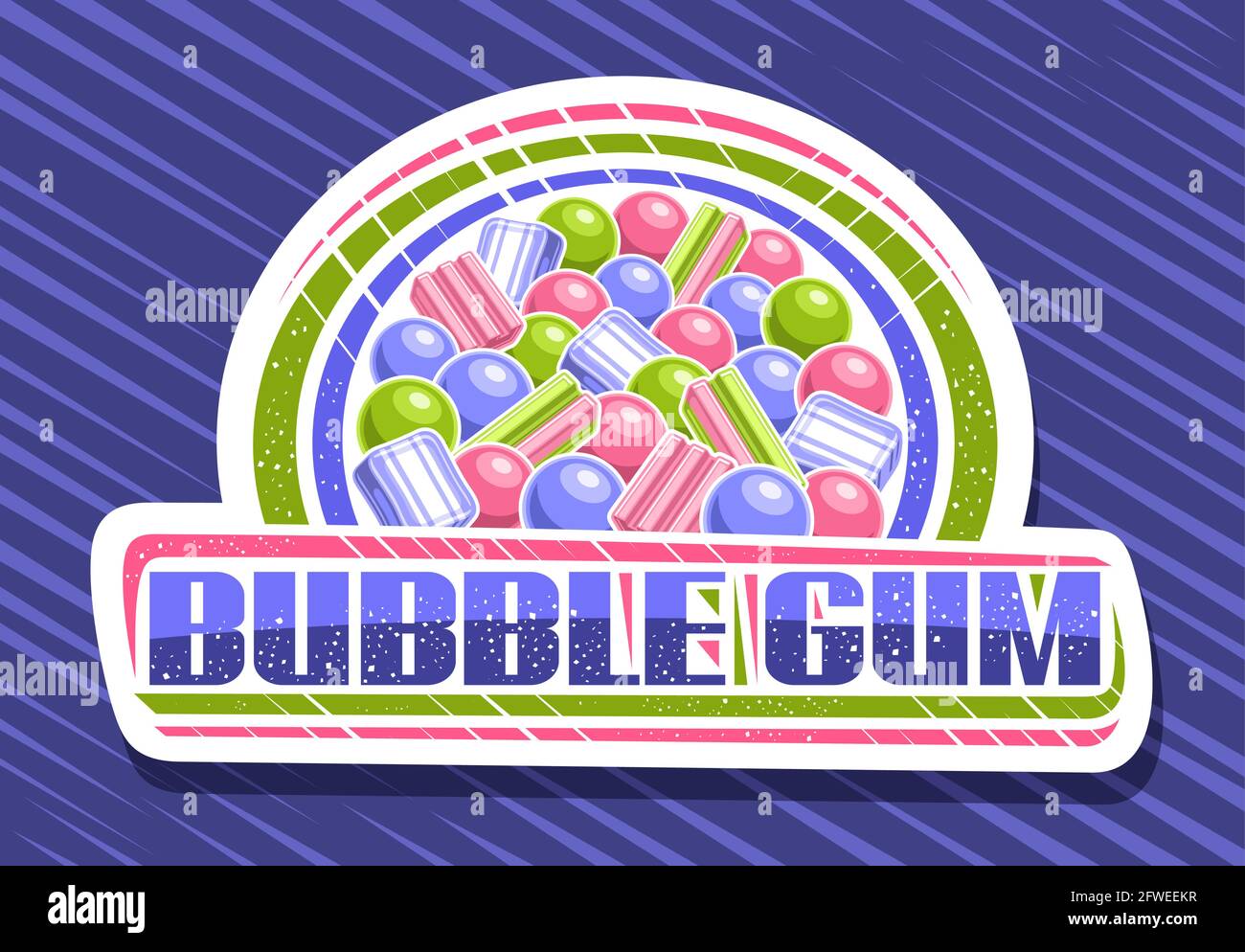 Vektor-Logo für Bubble Gum, dekorativ geschnittenes Papier-Schild mit Abbildung von verschiedenen bunten Bubblegums und Süßigkeiten, weißes Abzeichen mit einzigartigem Pinsel Stock Vektor