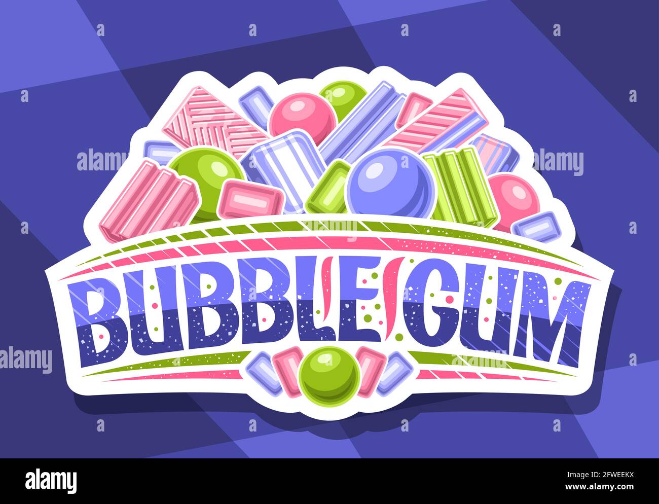 Vektor-Logo für Bubble Gum, dekorativ geschnittenes Papier Schild mit Abbildung von verschiedenen bunten Bubblegums und Süßigkeiten, weißes Abzeichen mit einzigartigen Pinsel Stock Vektor