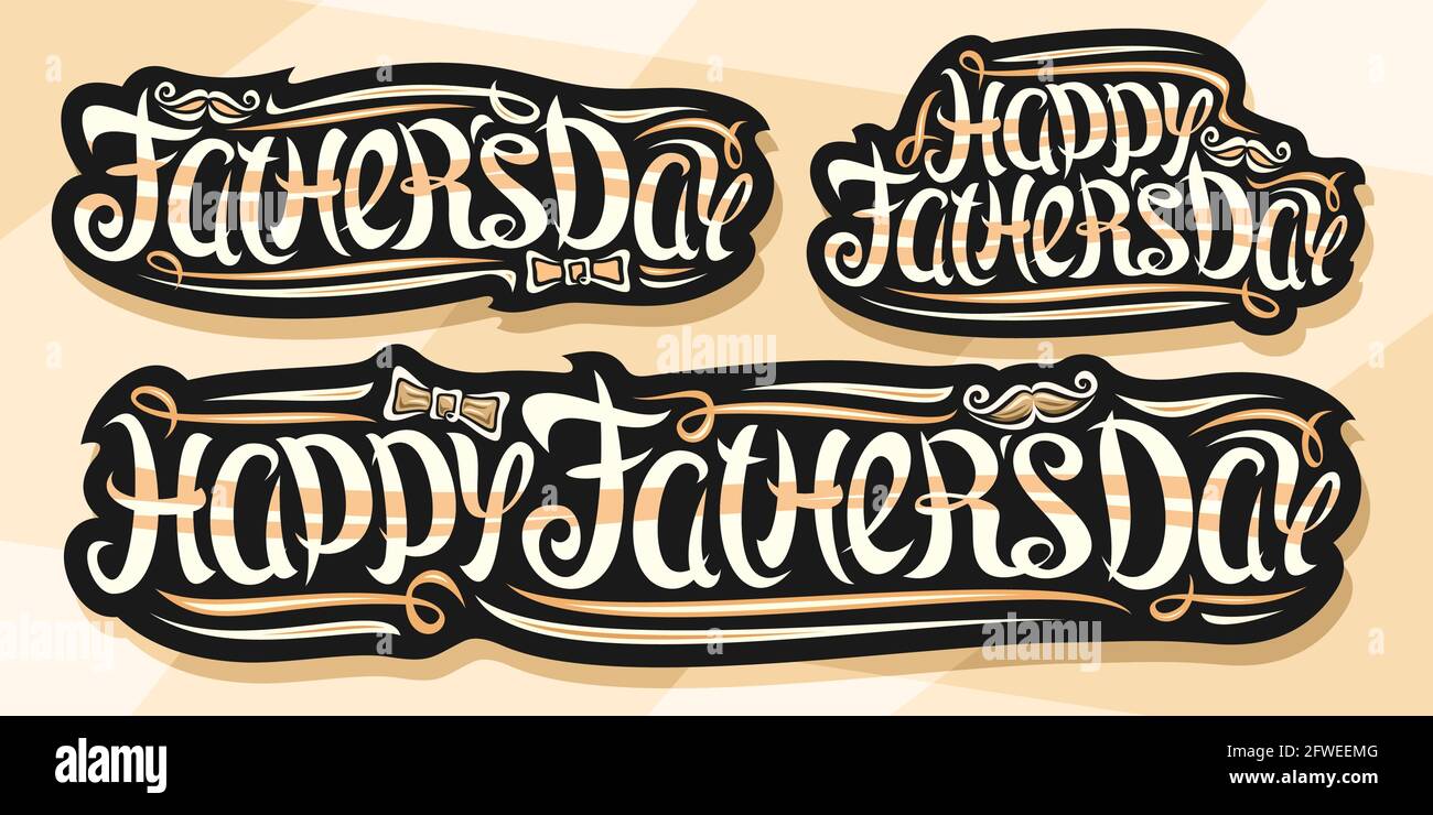 Vektor-Set für den Vatertag, schwarze Logos mit geschwungener kalligrafischer Schrift, dekorativen Locken und Wirbeln, Cartoon-Fliege und Schnurrbart, einzigartige Pinsel-Letteri Stock Vektor