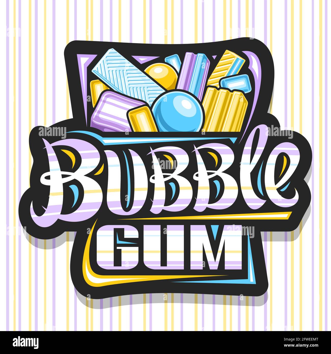 Vektor-Logo für Bubble Gum, schwarzes dekoratives Schild mit Illustration von verschiedenen niedlichen Bubblegums und gelben Bonbons, Poster mit einzigartigem Pinsel lett Stock Vektor