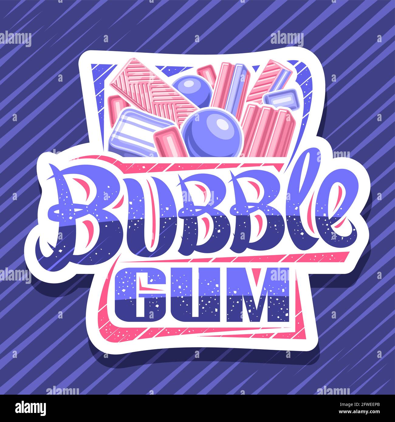 Vektor-Logo für Bubble Gum, dekorativ geschnittenes Papier-Schild mit Darstellung verschiedener Bubblegums und Bonbons, weißes Abzeichen mit einzigartigem Pinselbuchstaben Stock Vektor