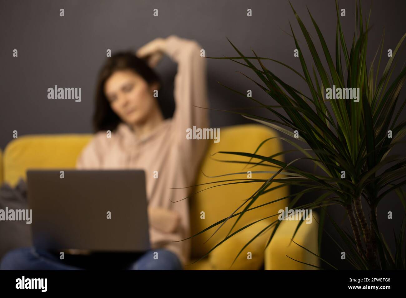 Verschwommenes langhaariges Brünette Mädchen legte Hand auf den Kopf sitzend Sofa mit Laptop Stockfoto