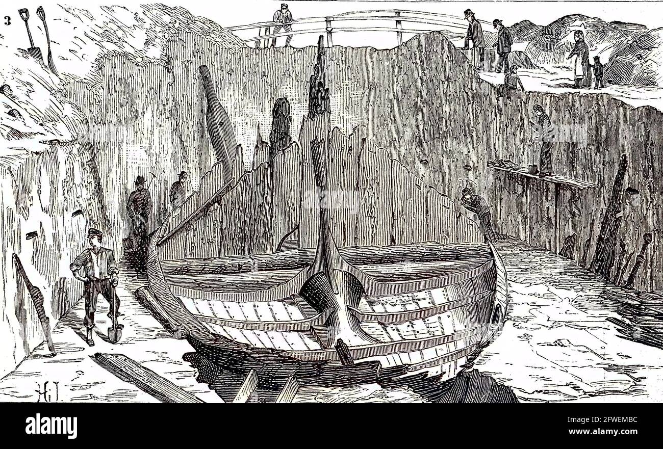 Das Gokstad-Schiff ist ein Wikingerschiff aus dem 9. Jahrhundert, das in einem Grabhügel bei Gokstad in Sandar, Sandefjord, Vestfold, Norwegen gefunden wurde / das Gokstad-Schiff ist ein Wikingerschiff aus dem 9. Jahrhundert, das in einem Grabhügel in Gokstad in Sandar, Sandefjord, Vestfold, Norwegen, gefunden wurde, historisch, historisch, digital verbesserte Reproduktion eines Originals aus dem 19. Jahrhundert / digitale Produktion einer Originalvorlage aus dem 19. Jahrhundert, Originaldatum nicht bekannt, koloriert, handcoloriert, Koloration Stockfoto
