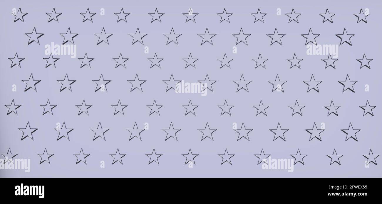 3D-Abbildung, eine graue Metallplatte mit geriffelten Reliefsternen, die in Reihen auf ihrer Oberfläche angeordnet sind. Abstrakter strukturierter Hintergrund. Stockfoto