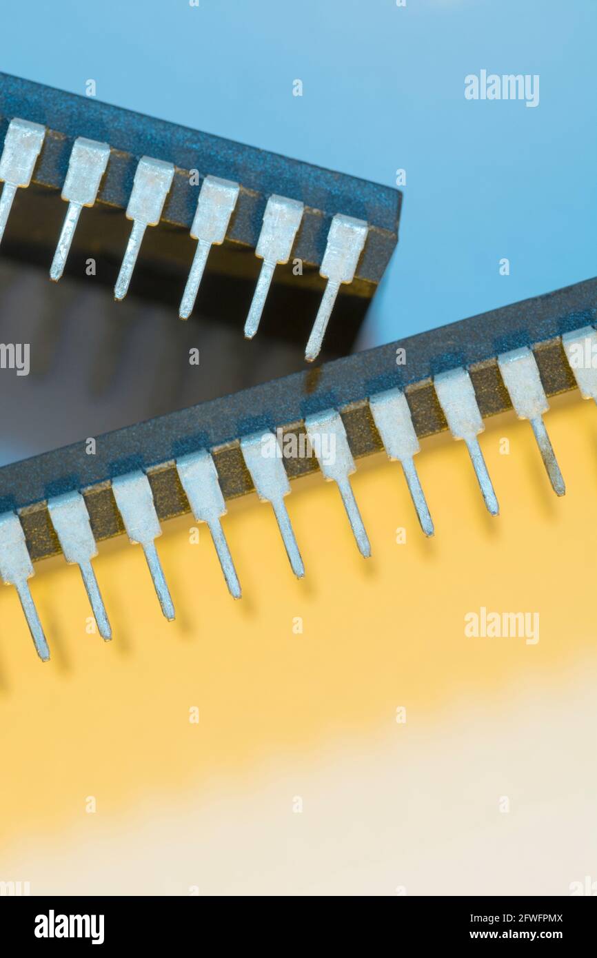 Makroaufnahme der Stiftschaltungen des Halbleiters PIC16F77-I/P von Microchip Technology. Für Elektronik abstrakt, Industriekomponenten abstrakt. Stockfoto