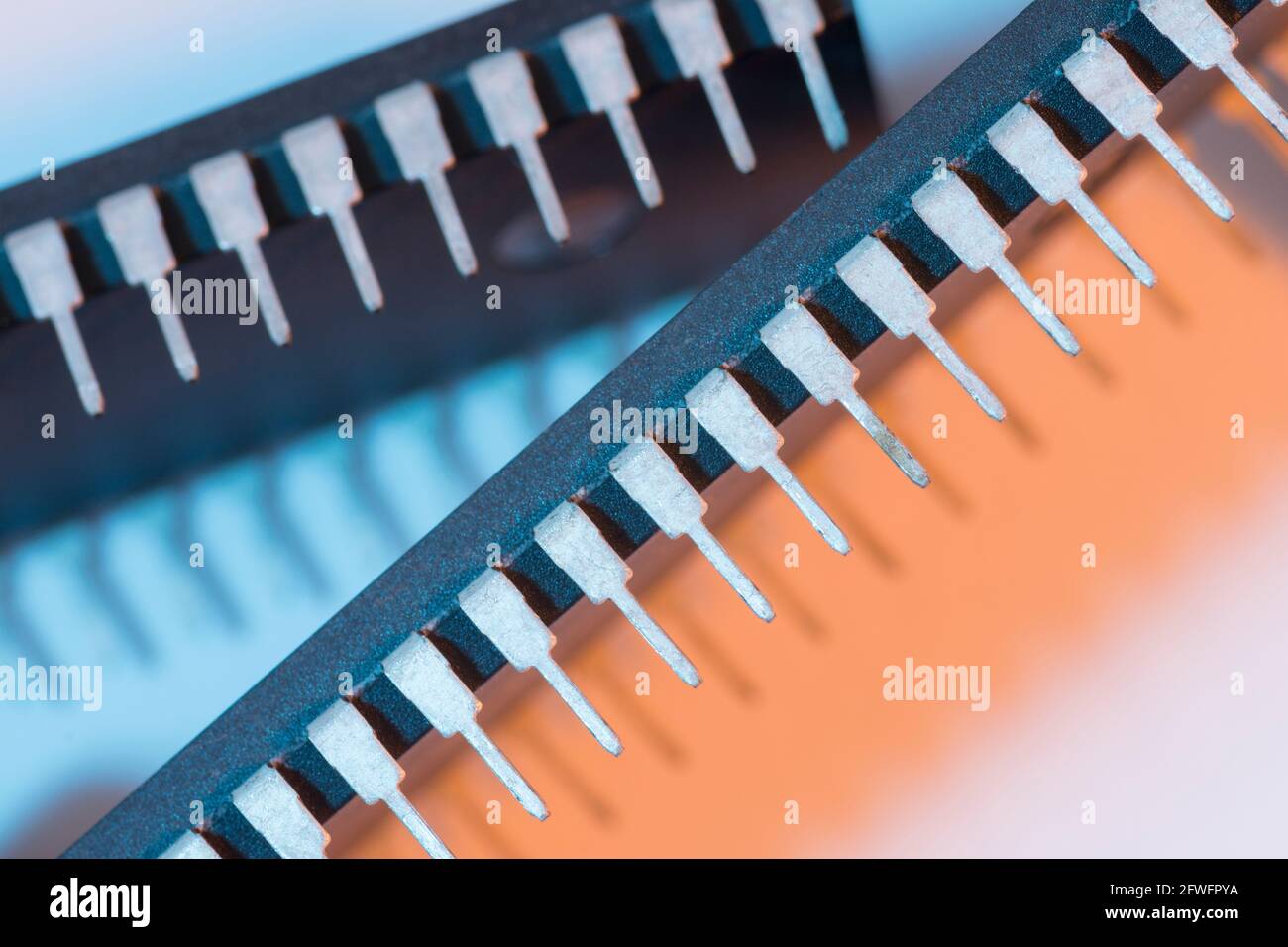 Makroaufnahme der Stiftschaltungen des Halbleiters PIC16F77-I/P von Microchip Technology. Für Elektronik abstrakt, Industriekomponenten abstrakt. Stockfoto
