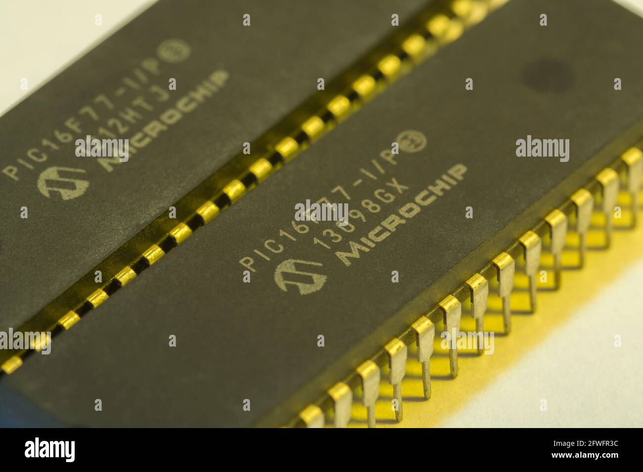 Nahaufnahme des Halbleiters PIC16F77-I/P von Microchip Technology. Für abstrakte Elektronik, abstrakte Industriekomponenten, Mikrochip-Beine. Stockfoto