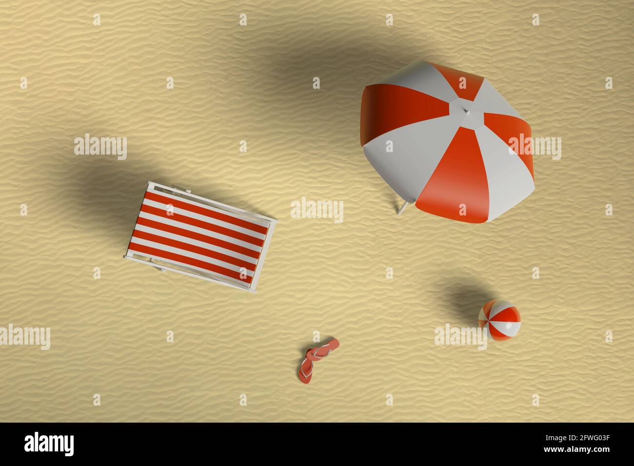 Blick von oben auf Sonnenschirm, Liegestuhl, Ball und zwei Flip Flops am Strand. 3d-Illustration. Stockfoto