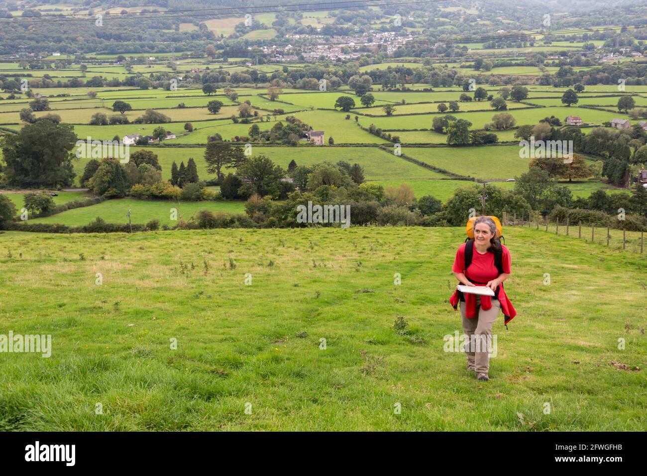 Wanderer auf den unteren Hängen des Zuckerhut mit Karte zu navigieren, Wales, Großbritannien Stockfoto