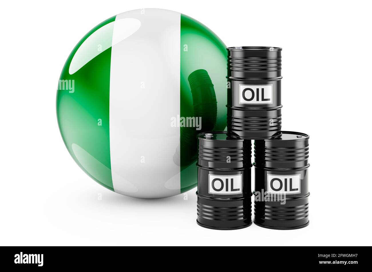 Ölfässer mit nigianischer Flagge. Ölförderung oder Handel in Nigeria Konzept, 3D-Rendering isoliert auf weißem Hintergrund Stockfoto