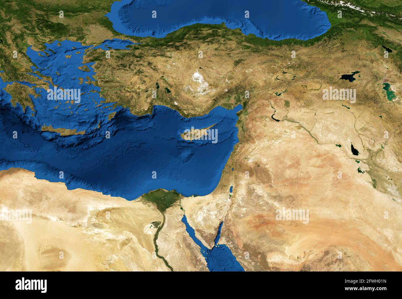 Nahost-Karte im globalen Satellitenfoto, flache Ansicht eines Teils der Welt aus dem All. Detaillierte physische Karte der Türkei, Syrien, Israel, Libanon, Ägypten, Jord Stockfoto
