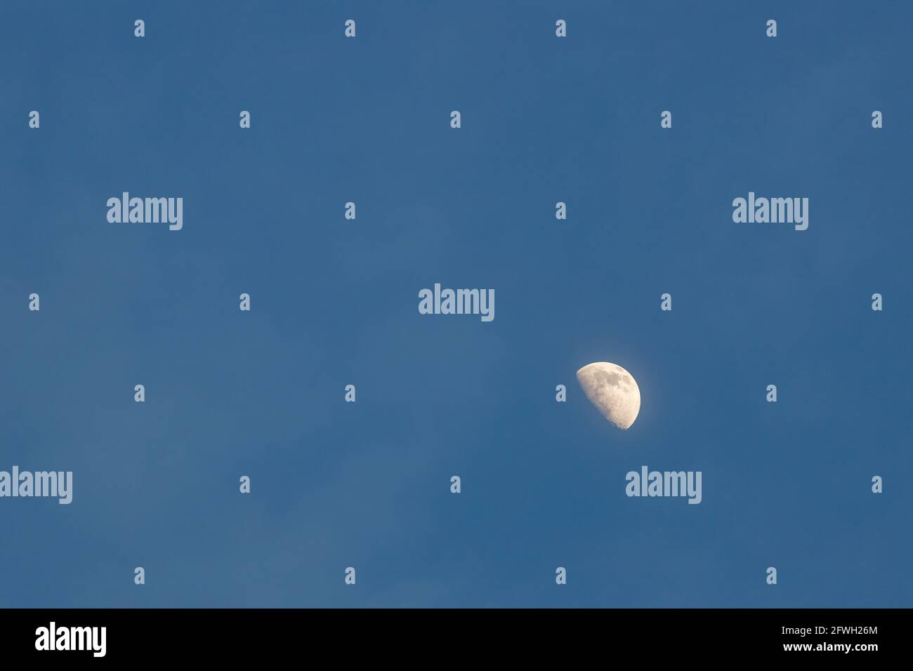 Der Mond wird als Halbmond am Abendhimmel mit schwachen Wolken im umgebenden negativen Kopierraum gesehen. Stockfoto