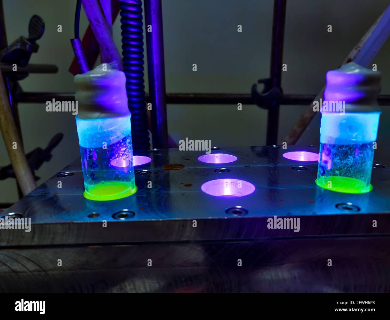 Grün organisch photochemische Richtung in Glasfläschchen unter Metallblock Kühlungszustand unter blauem Licht für grüne Chemie und Funktionsfähigkeit Gruppentrans Stockfoto