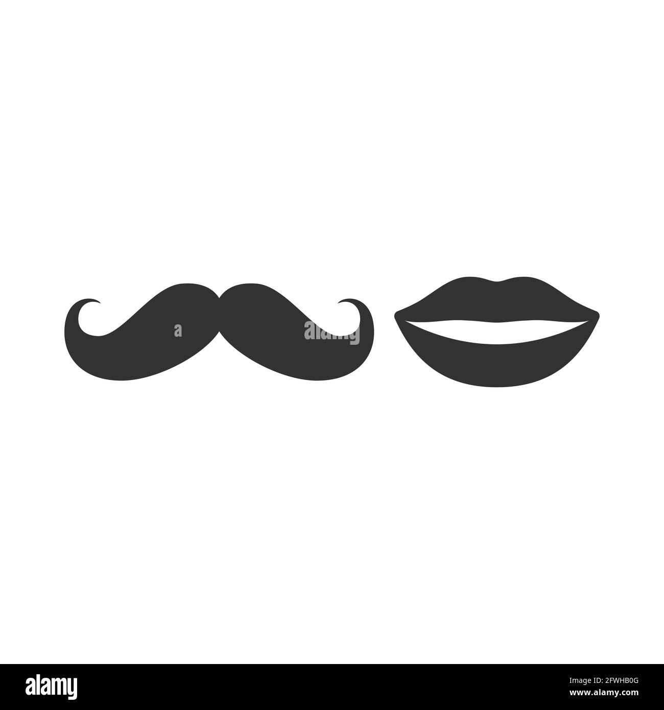 Schwarzes Vektorsymbol für Schnurrbart und Lippen. Männer und Frauen, Schnurrbart-Symbol. Stock Vektor