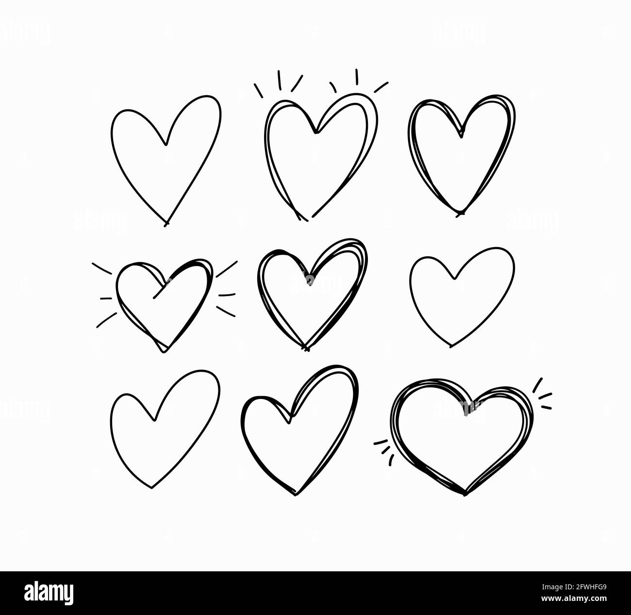 Vektor handgezeichnete kindliche Doodle Herz Symbole gesetzt Stock Vektor