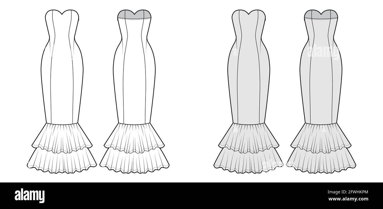 Kleid Meerjungfrau technische Mode Illustration mit trägerlosen herzförmiger Ausschnitt, Einbaukörper, kreisförmigen Rock. Flache Abendkleidung vorne, hinten, weiß, grau. Frauen, Männer Unisex-CAD-Modell Stock Vektor