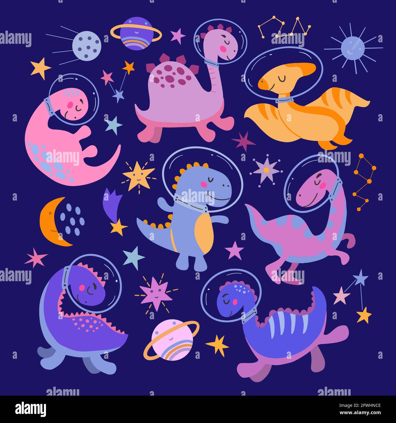 Set von niedlichen Cartoon-Dinosaurier im Raum. Vektorgrafiken auf einem dunkelblauen Hintergrund. Helles kindisches Bild für die Gestaltung von Covern von Notizbüchern Stock Vektor