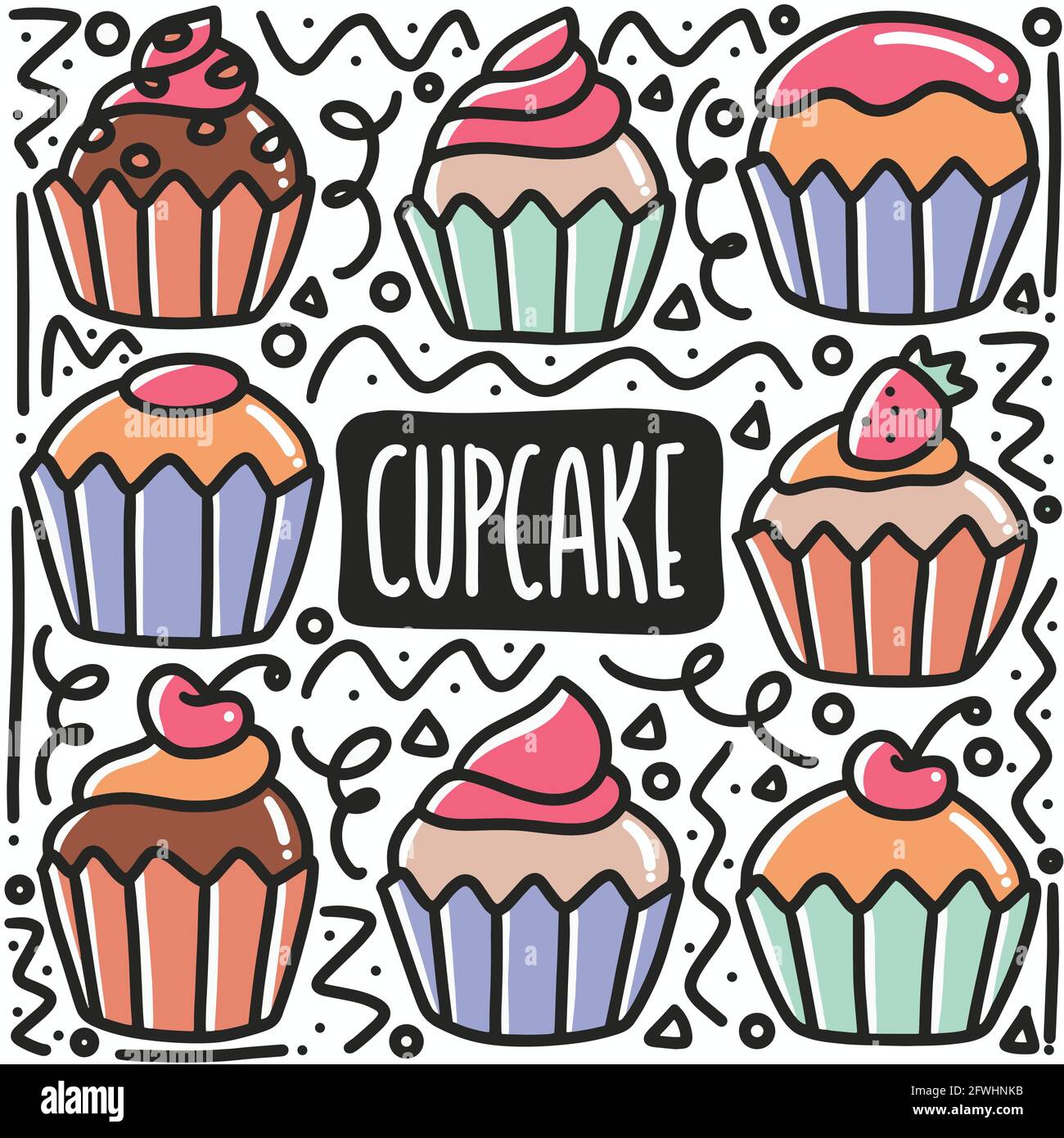 Handgezeichnete Doodle Cupcake Art Design Element Illustration. Stock Vektor