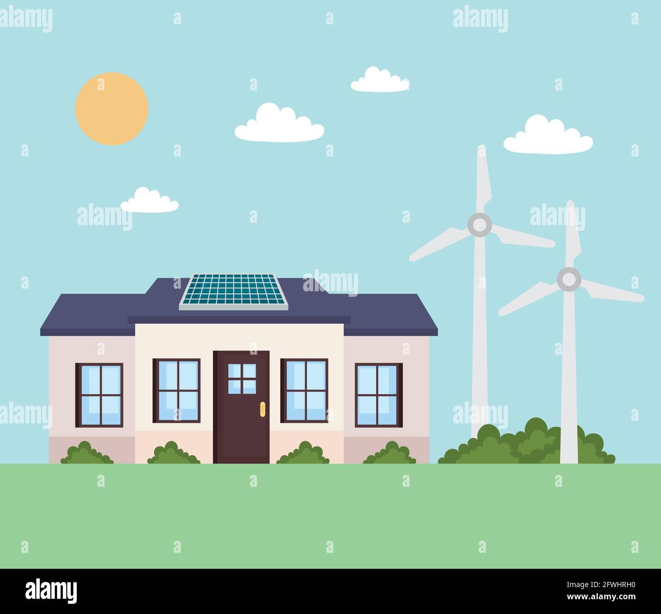 Solarpanel auf Haus mit Windmühlen Stock Vektor