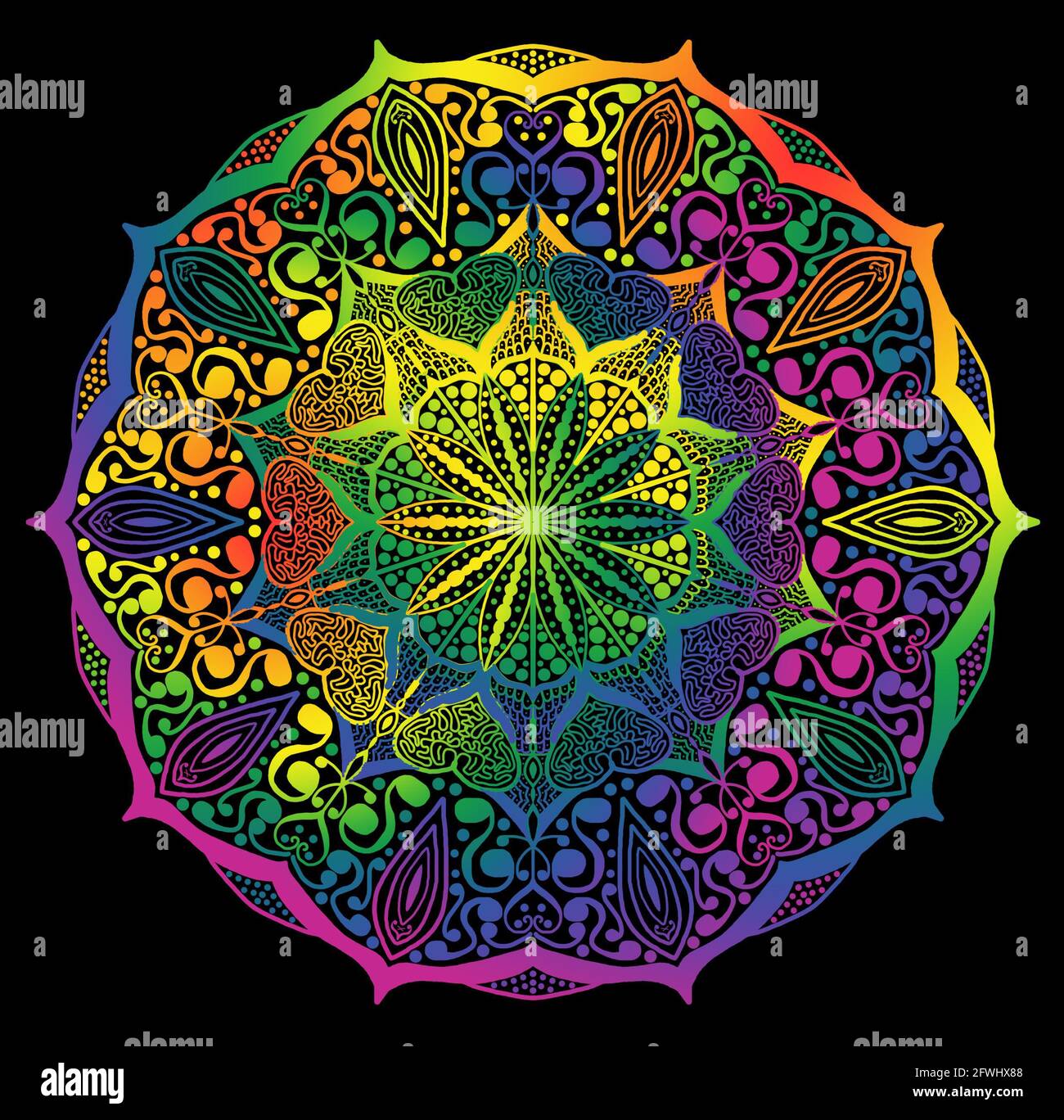 Mandala von Hand gezeichnet mit Regenbogenfarben für Homosexuell Stolz mit schwarzem Hintergrund und hellen Thema. Stockfoto