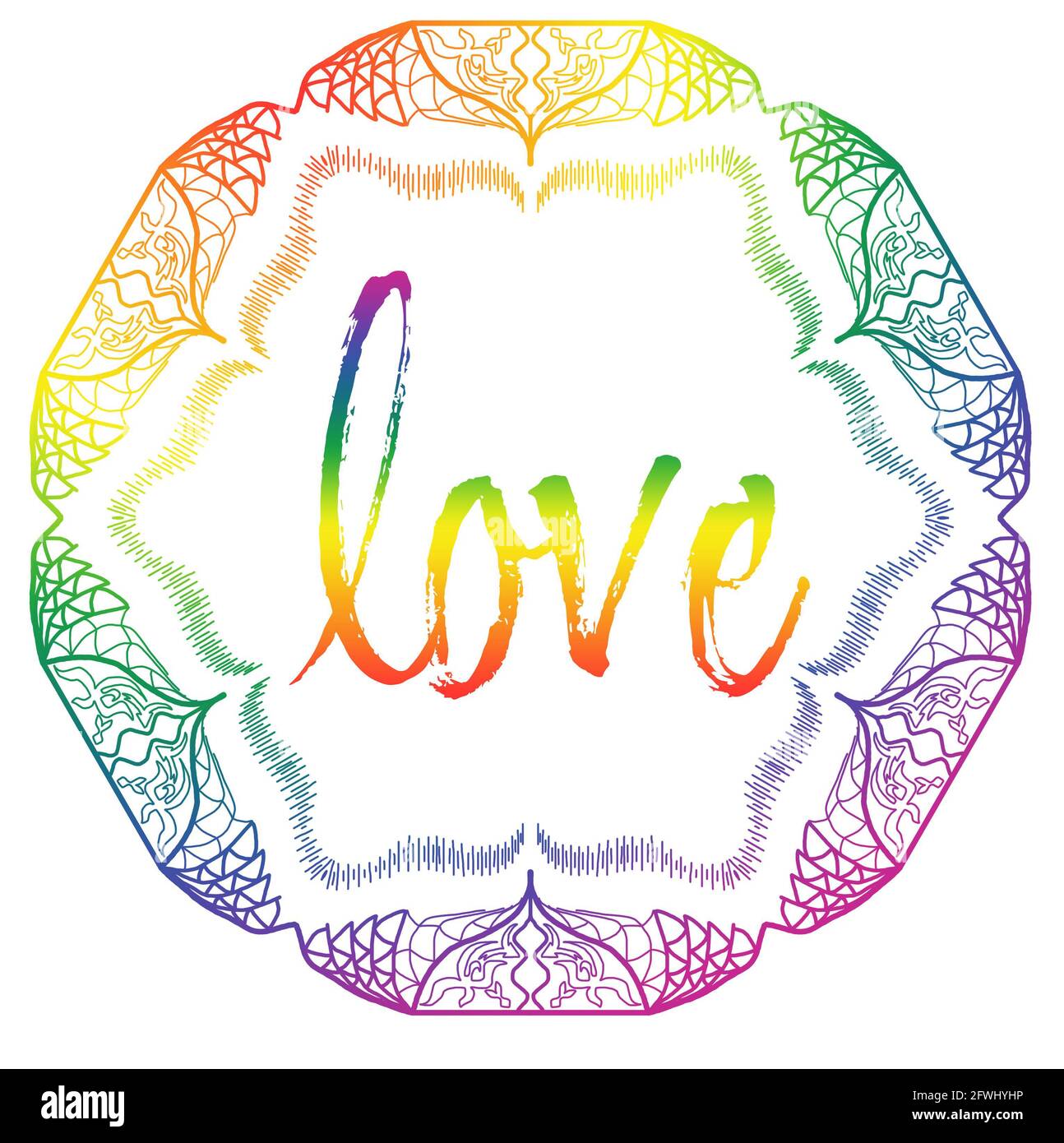 LOVE Mandala Handgezeichnet mit Regenbogenfarben für Gay Pride Festival, LGBTQ mit weißem Hintergrund und hellen Thema. Stockfoto
