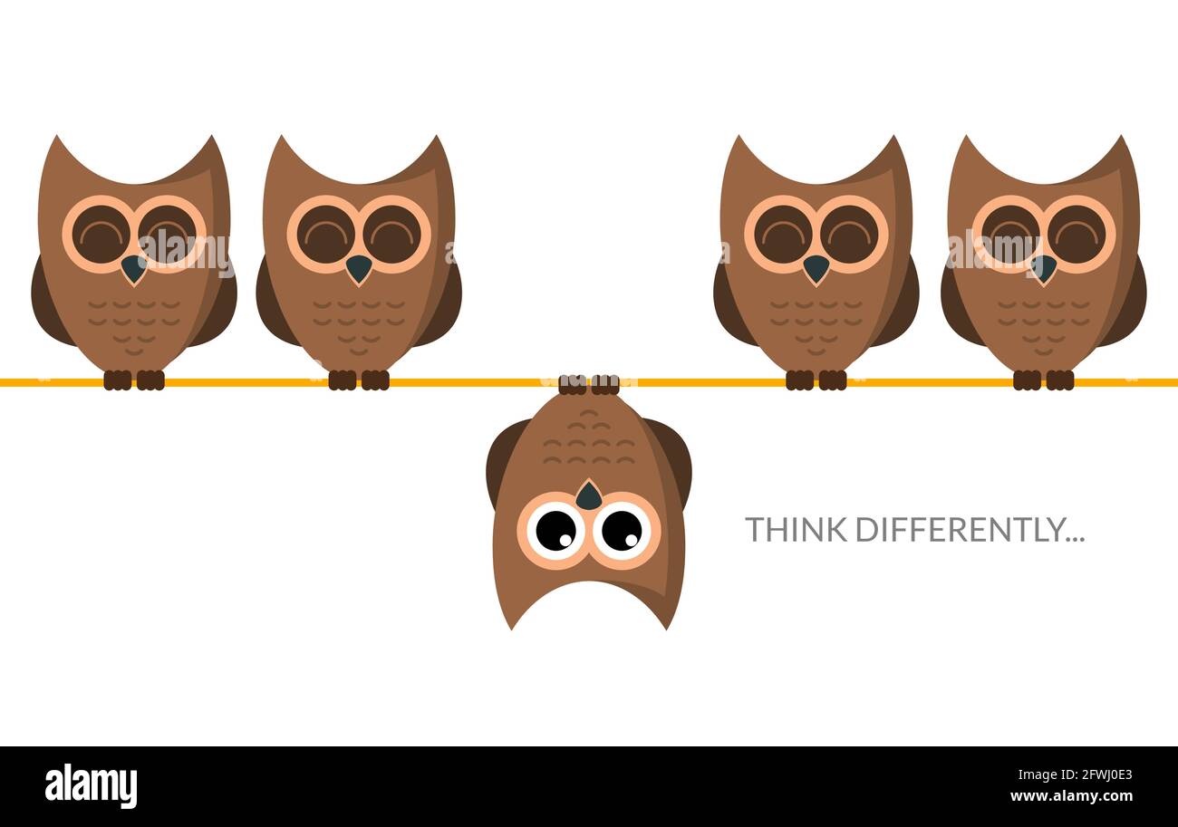 Denken Sie andere lustige Idee Konzept. Einzigartiger minimaler Eulenständer. Führungsstil anders denken Stock Vektor
