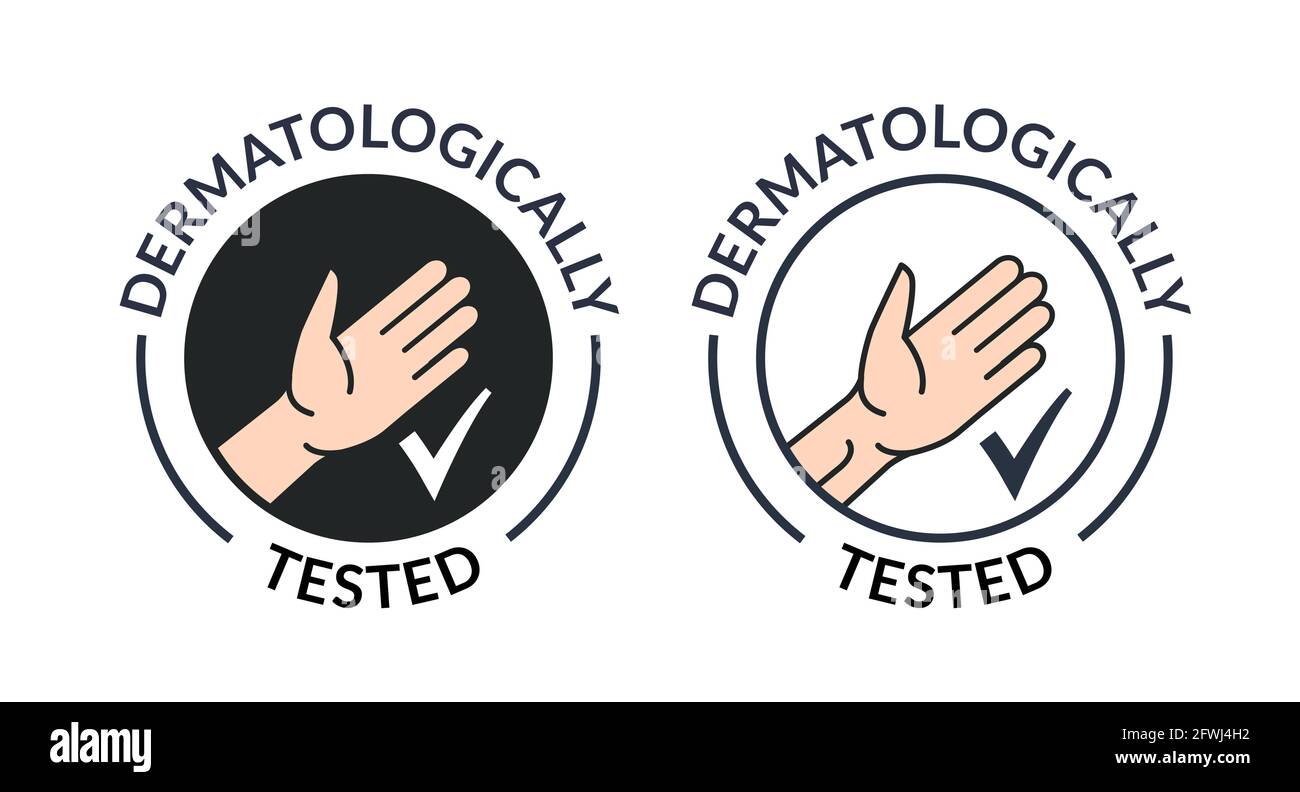 Logo-Symbol für Dermatologie, handgetestet. Testetikett für antibakterielles hypoallergenes sauberes Gel Stock Vektor