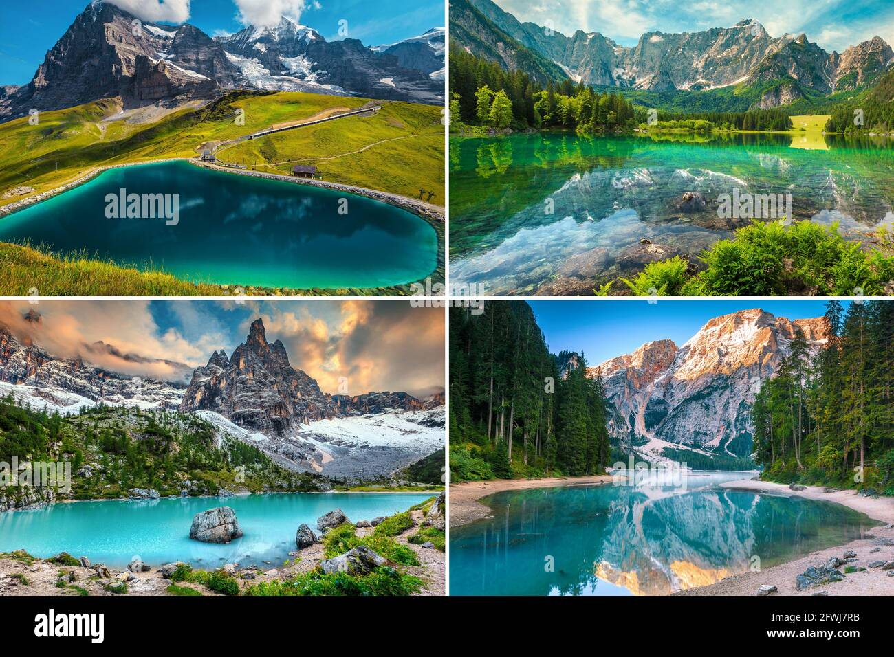 Collage von berühmten und schönen Bergseen in den Alpen. Fallbodensee, Schweiz, Fusine See, Sorapis See und Prags See, Italien Stockfoto