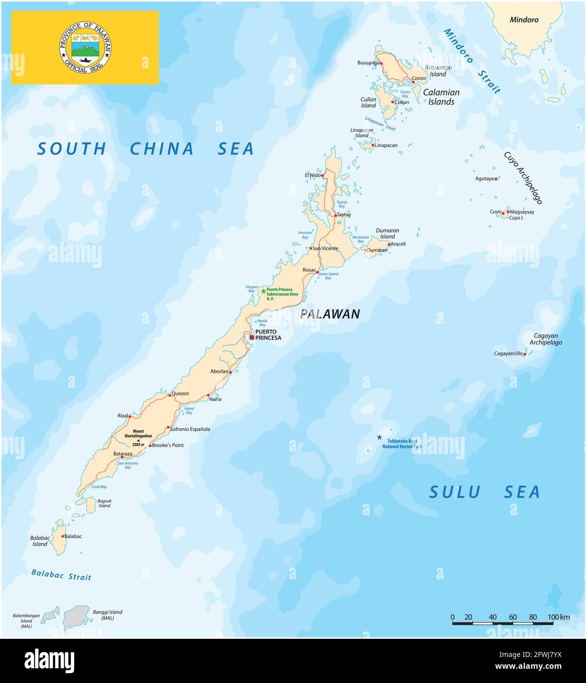 Vektorkarte der westphilippinischen Insel Palawan mit Flagge Stock Vektor