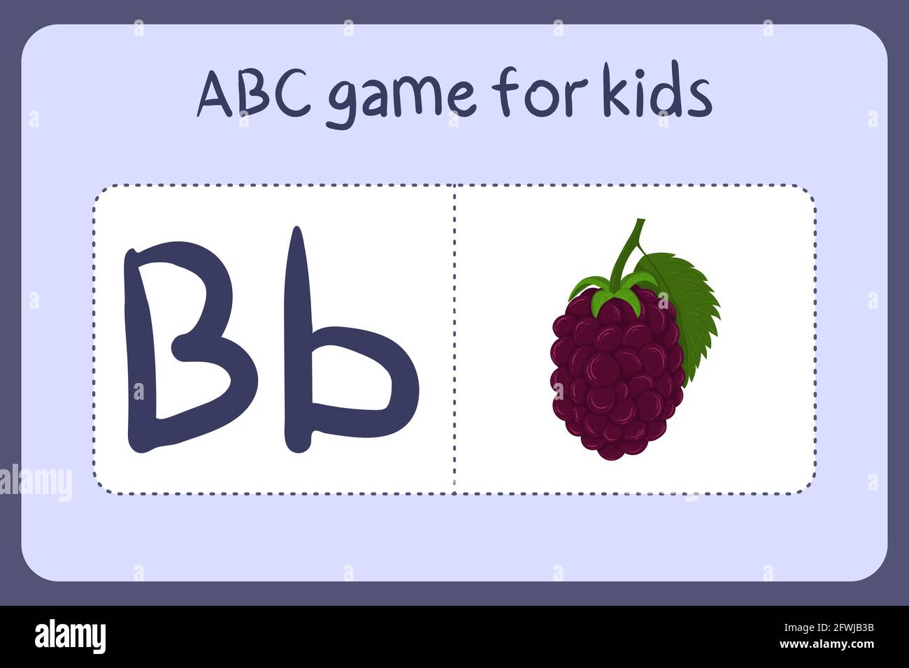Kind Alphabet Mini-Spiele im Cartoon-Stil mit dem Buchstaben B - Brombeere. Vektor-Illustration für Spiel-Design - Schneiden und spielen. Lerne abc mit Flash-Karten für Obst und Gemüse. Stock Vektor