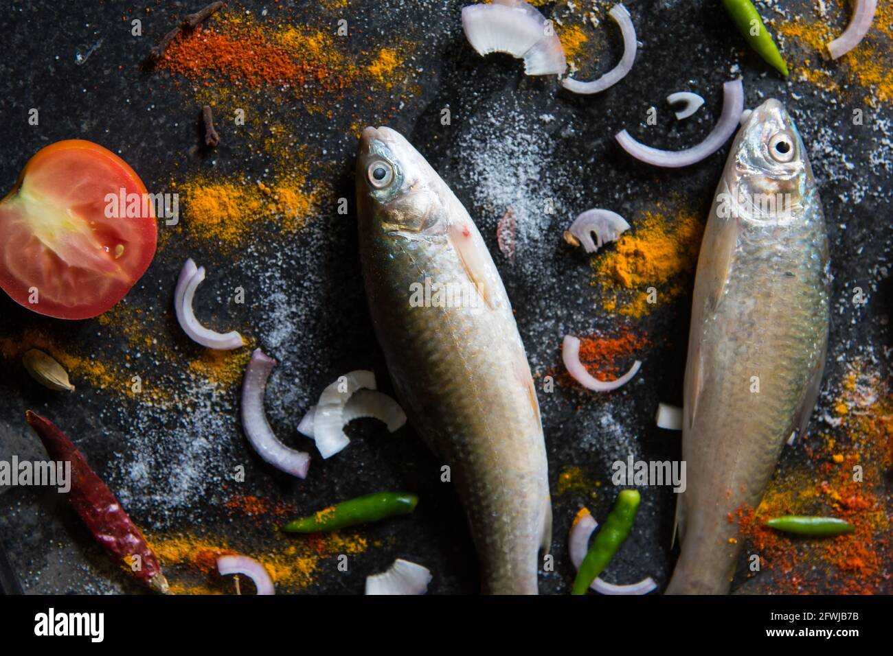 Hintergrund für rohe Lebensmittelzutaten. Nahaufnahme Stockfoto