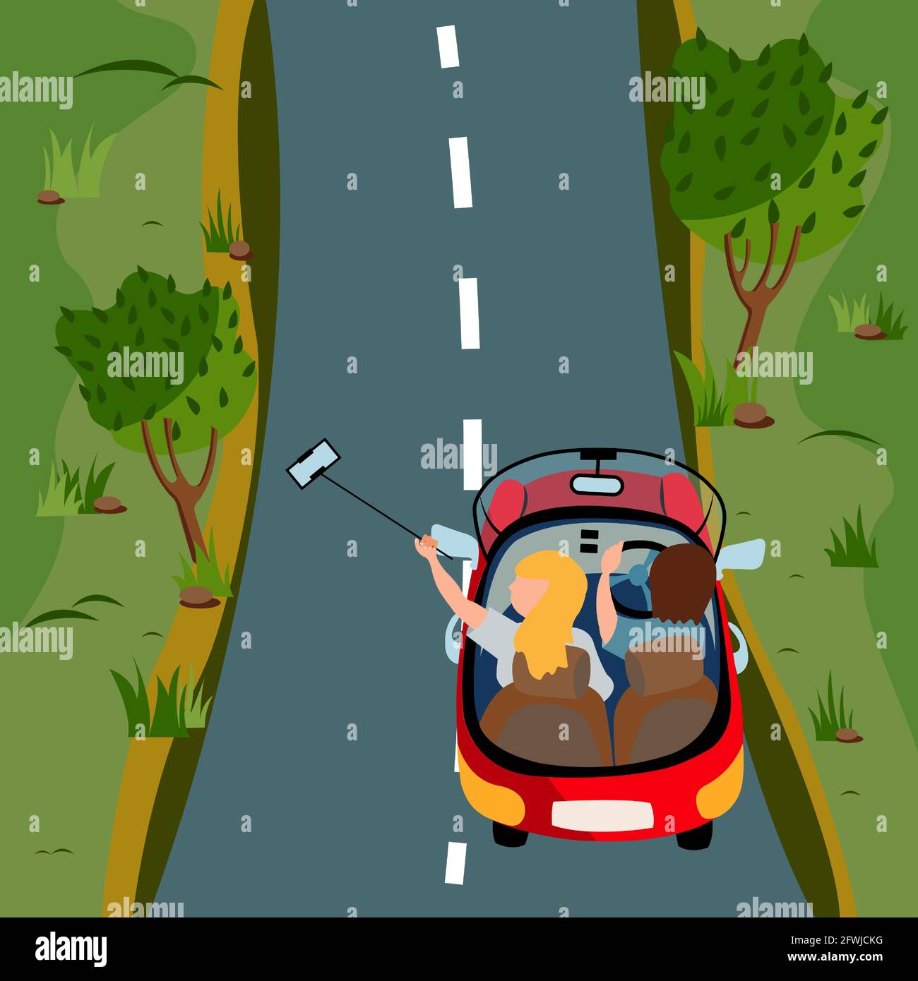Die Menschen reisen mit dem Auto und machen unterwegs Selfies. Reisekonzept mit dem Auto. Aktive Erholung auf dem eigenen Transport inmitten der grünen Natur. Flacher Cartoon Stock Vektor Die Menschen reisen mit dem Auto und machen unterwegs Selfies. Reisekonzept mit dem Auto. Aktive Erholung auf dem eigenen Transport inmitten der grünen Natur. Flacher Cartoon Stock Vektor
