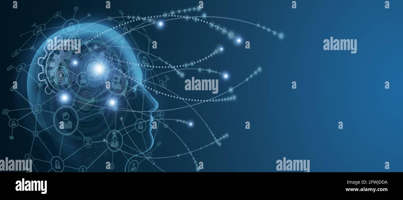 Konzept der künstlichen Intelligenz. Digitaler Kopf, KI mit digitalem Zahnrad-Gehirn, Big Data, Informationsanalyse, soziales Netzwerk. Das Gesicht des Cyber-Geistes. Technik Stockfoto