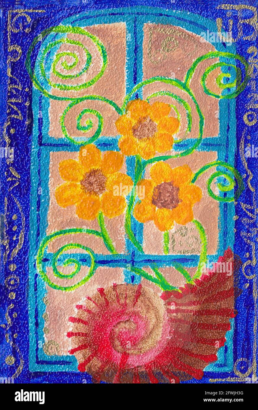 Mini-Malerei auf dem Holz des Fensters mit den Blumen und der Schale Stockfoto