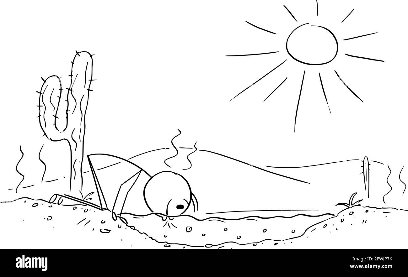 Durstige Person, die frisches Wasser in der Wüste trinkt, Vektor-Cartoon-Stick Abbildung Stock Vektor