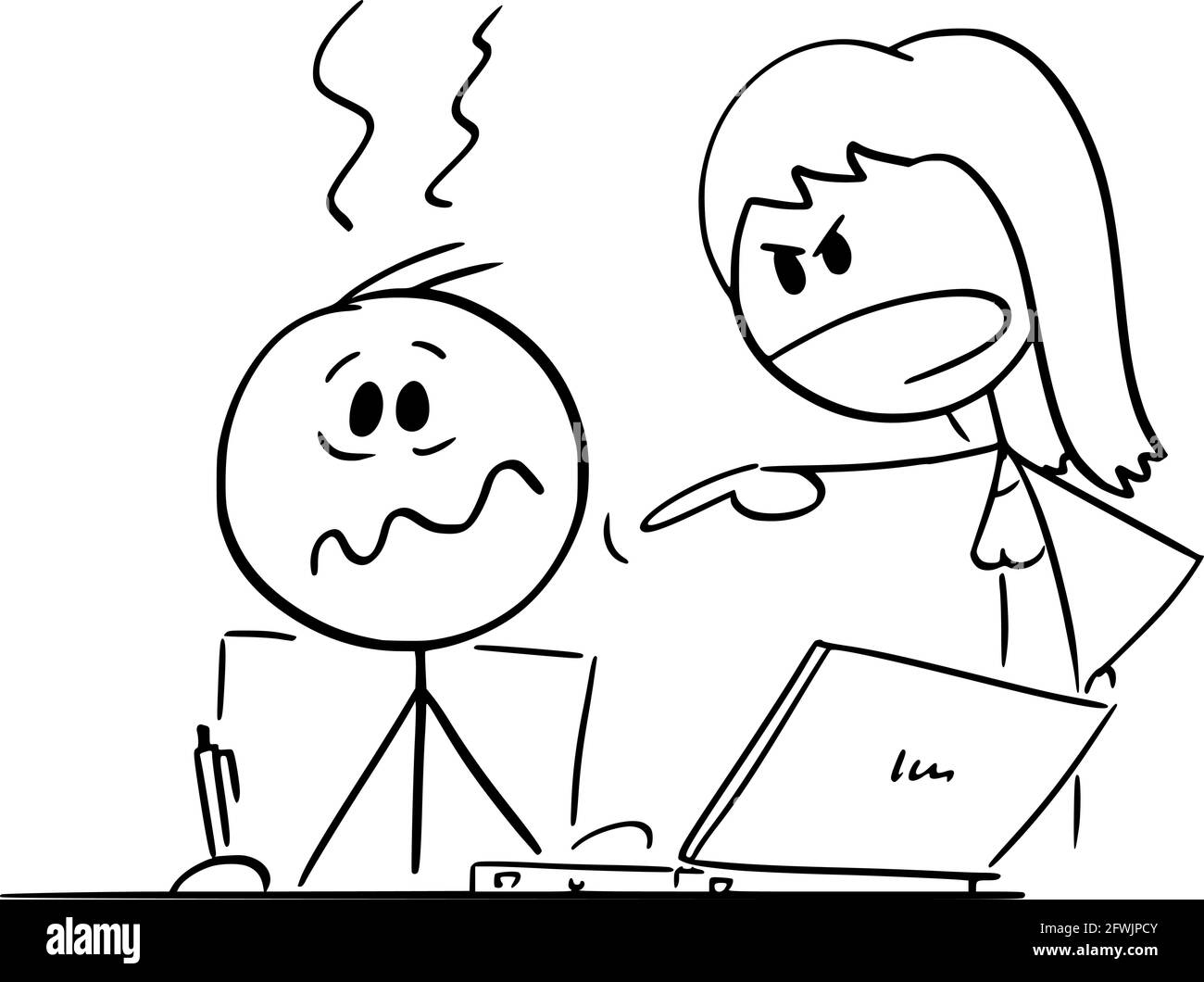Person, die im Home Office arbeitet oder Arbeiter, die am Computer, an der Frau oder an der Chefin tippen, schreit, Vektorgrafik Cartoon Stick Figure Stock Vektor