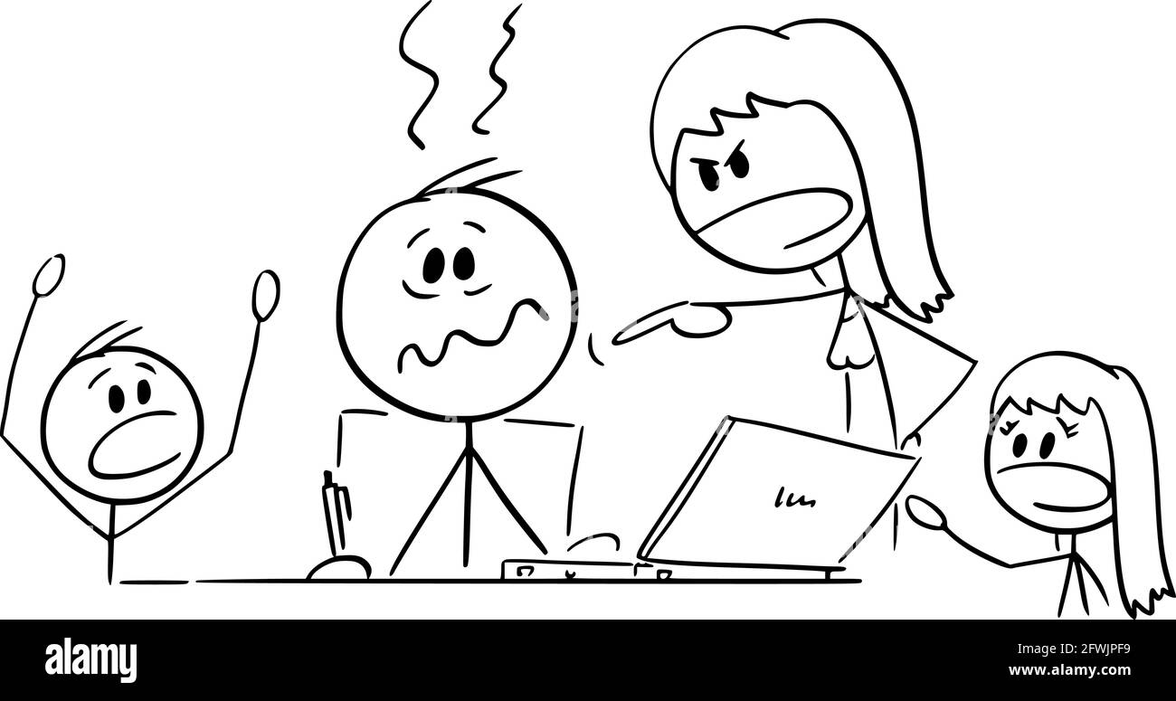 Gestresster Vater arbeitet im Home Office, Kinder und Frau brüllen, Vektor Cartoon Stick Abbildung Stock Vektor