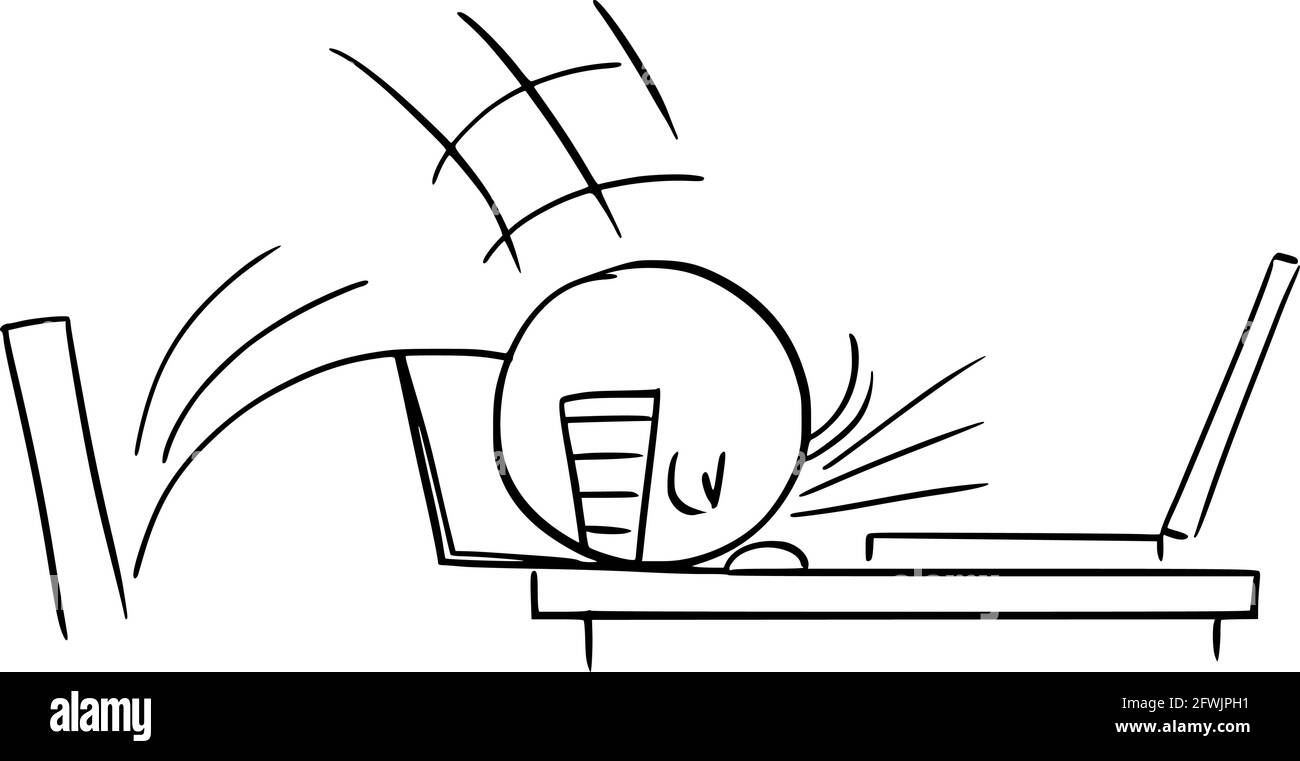 Geschäftsmann oder Arbeiter schlug Kopf gegen den Schreibtisch, Vektor Cartoon Stick Abbildung Abbildung Stock Vektor