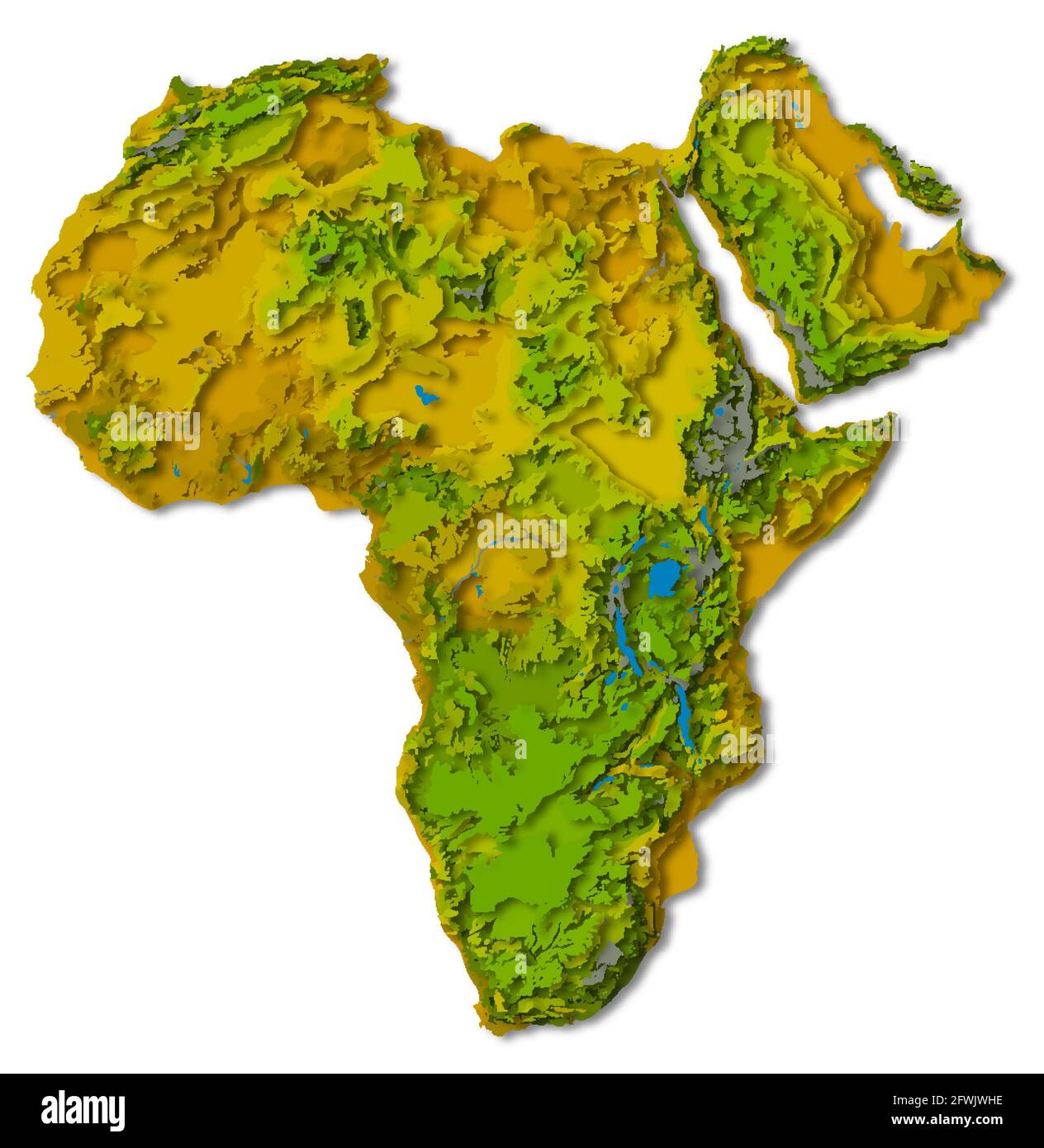 Afrika-Kontinent, detailreiche, papiergeschnittene Karte mit Schatten, isoliert auf weißem Hintergrund. Elemente dieses Bildes, die von der NASA eingerichtet wurden. Stockfoto