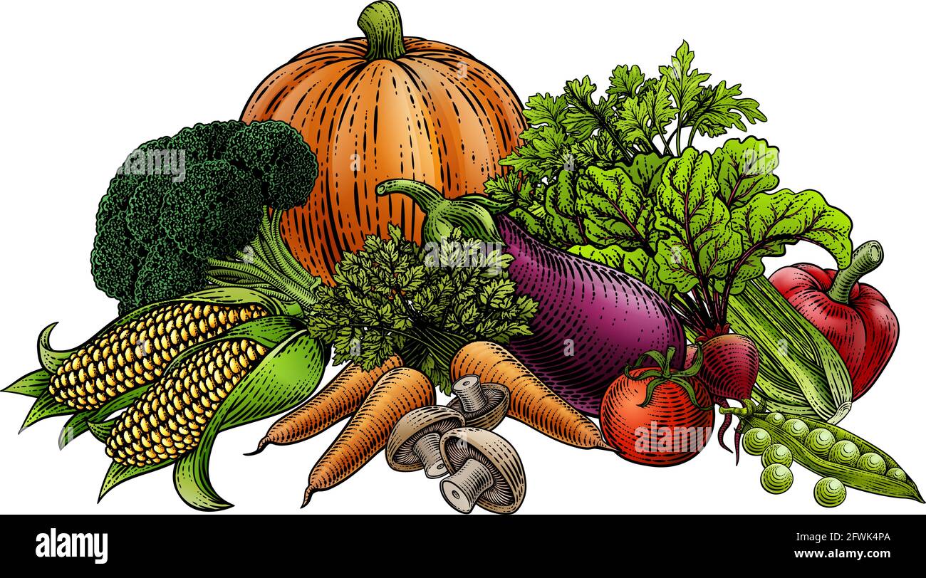 Gemüse Obst Produkte Lebensmittel Illustration Holzschnitt Stock Vektor