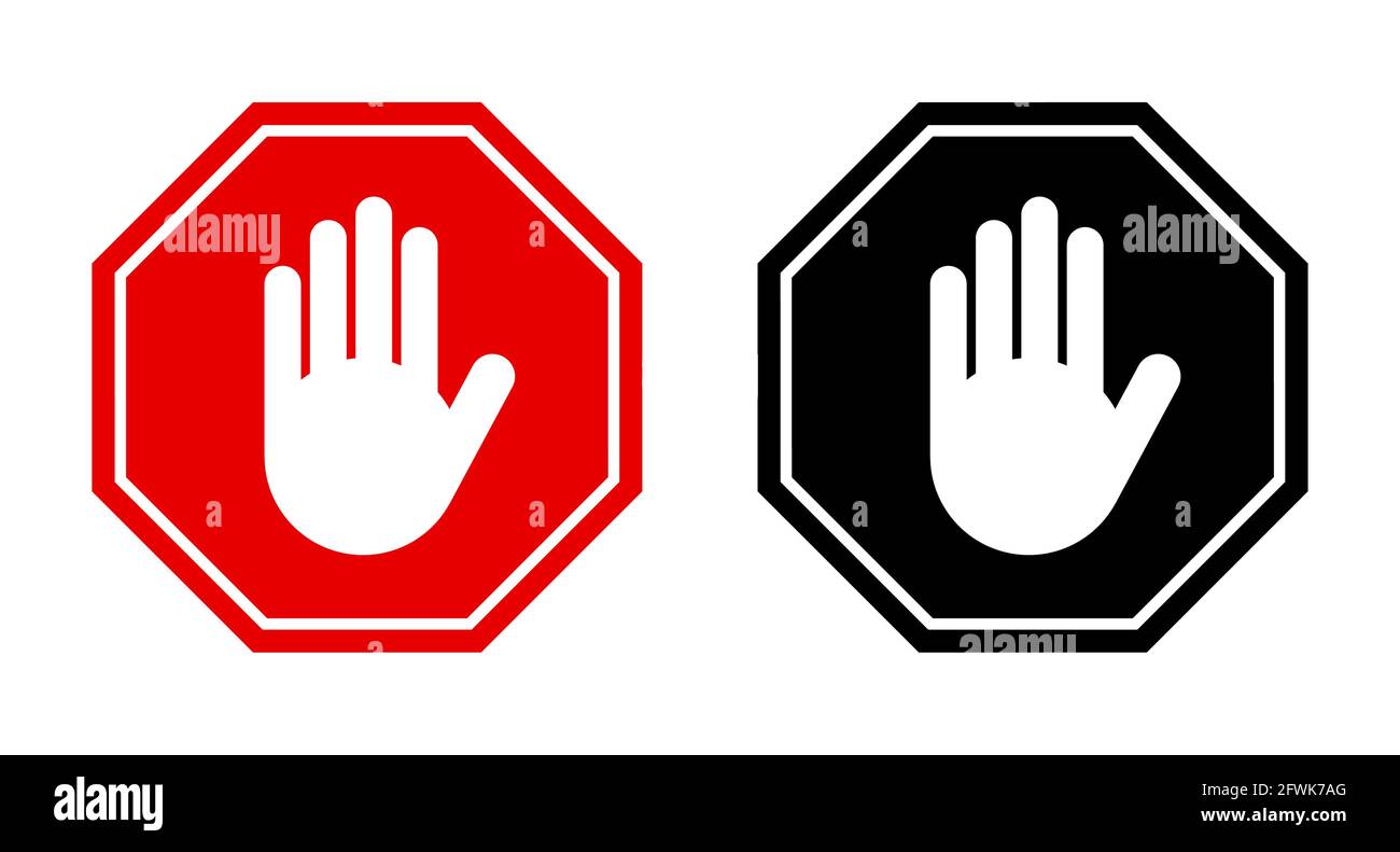 Satz mit dem roten und schwarzen Stoppzeiger-Symbol für Achteck oder Adblock oder nicht eingeben oder Verbotene Symbole. Vektorbild. Stock Vektor