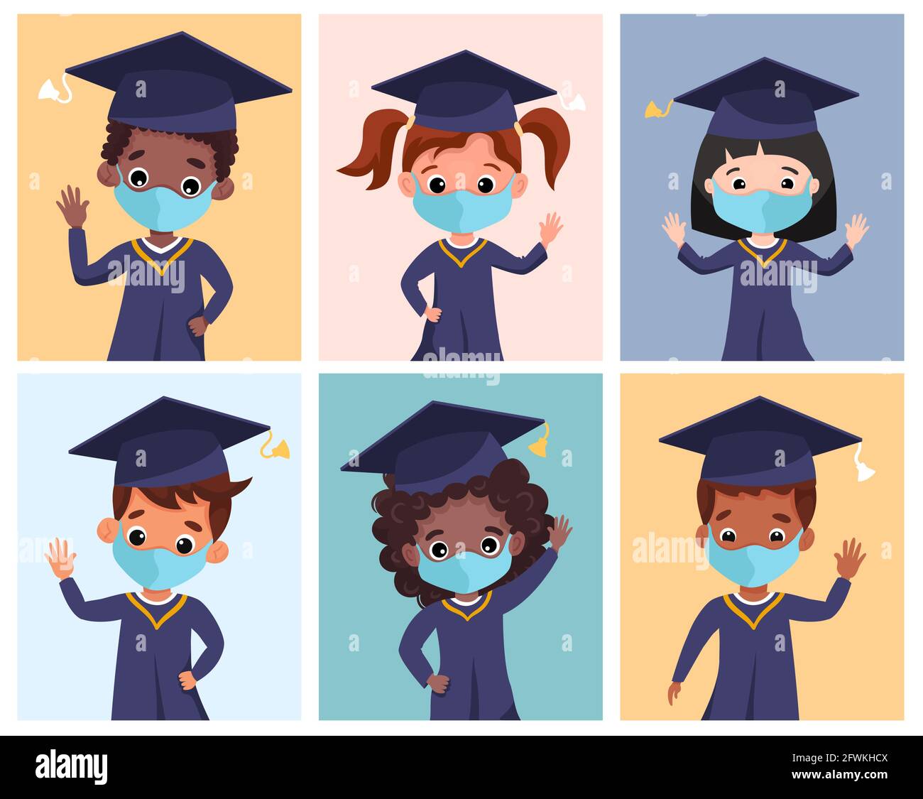 Glücklich graduierte Kinder tragen medizinische Masken, akademische Kleid und Kappe. Stock Vektor