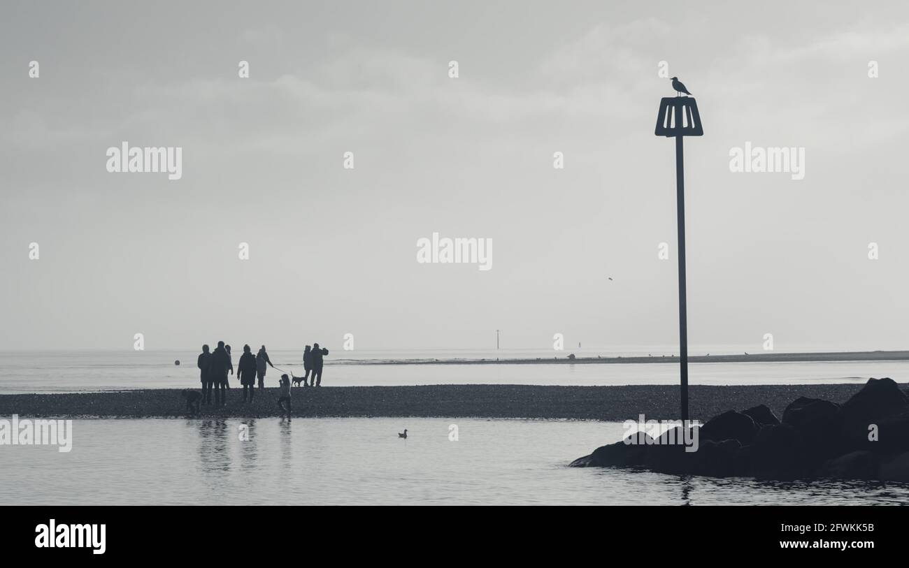 Schwarz und Weiß von Menschen, die am Strand stehen und schauen Raus zum Meer Neben EINEM Gryne Marker und Breakwater Avon Beach, Großbritannien Stockfoto