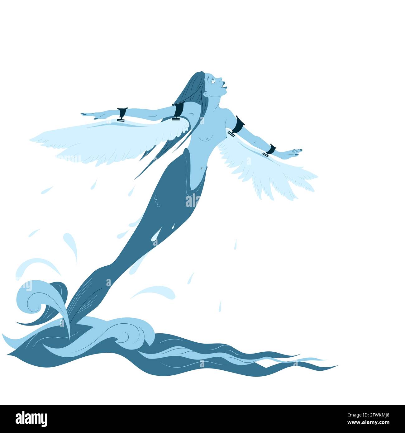 Die Stimmung ist zu fliegen! Meerjungfrau mit märchenhaften Charakter und angebrachten Flügeln hebt vom Meer ab. Das Konzept der Freiheit von Konventionen. Drucken, Tätowieren, Pos. Stock Vektor